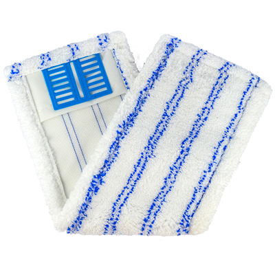 Купить насадка - моп (mop) для швабры 400х145мм плоская с карманами и пластиковыми ушками (для отжима) с синей полосой multi micro soft белая микрофибра  в Москве