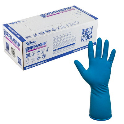 Купить перчатки одноразовые 50 шт dermagrip high risk м неопудренные синие латекс коробка "nn" в Москве