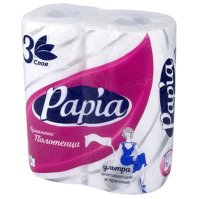 Купить полотенце бумажное 3-сл 11,25 м в рулоне 2 рул/уп ultra впитывающие с тиснением и перфорацией белый целлюлоза "papia" в Москве