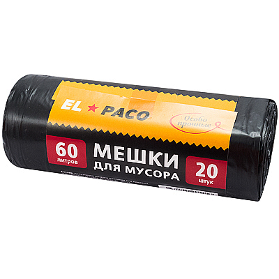 Мешок (пакет) мусорный 600х700 мм 60 л 20 шт ОСОБОПРОЧНЫЙ 30 мкм рулон ЧЕРНЫЙ ПНД "EL PACO" Купить мешок (пакет) мусорный 600х700 мм 60 л 20 шт особопрочный 30 мкм рулон черный пнд "el paco" в Москве