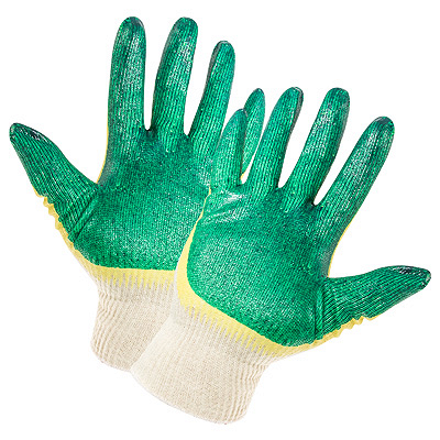 Купить перчатки рабочие с латексным покрытием в 2 слоя хб зелено-желтые 1/100 в Москве