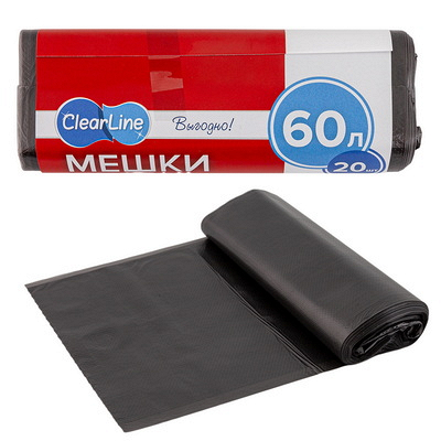 Купить мешок (пакет) мусорный 60 л 20 шт/рул рулон черный "clearline" в Москве