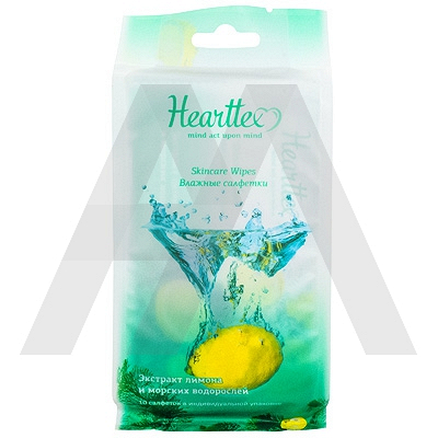 Купить салфетка влажная 10 шт в индивидуальной упак каждая hearttex лимон+морские водоросли t 1/96 в Москве