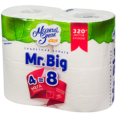 Бумага туалетная 2-сл 40 м/рул 320 лист/рул MR. BIG MEGA 4рулона с тиснением и перфорацией БЕЛАЯ ЦЕЛЛЮЛОЗА "МЯГКИЙ ЗНАК" Купить бумага туалетная 2-сл 40 м/рул 320 лист/рул mr. big mega 4рулона с тиснением и перфорацией белая целлюлоза "мягкий знак" в Москве