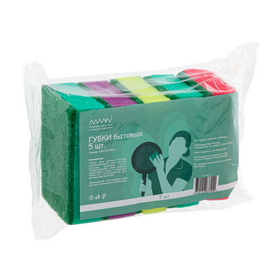 Купить губка для мытья посуды универсальная 100х70х14 мм 5 шт с зелёным абразивом разноцветный поролон "almin" в Москве