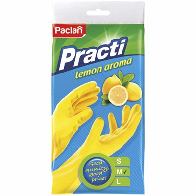 Купить перчатки хозяйственные m с ароматом лимона латекс желтые paclan 1/5/100 в Москве