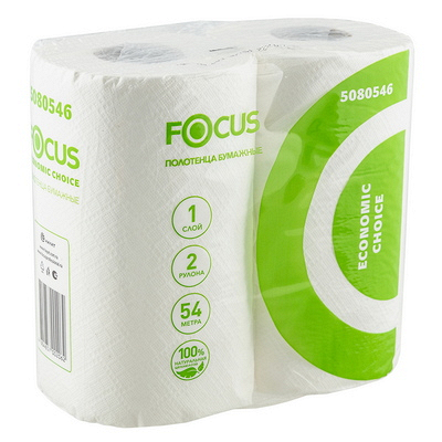 Купить полотенце бумажное 1-сл 54 м/рул 2 рул/уп белое целлюлоза в пленке "focus" (артикул производителя 5080546) в Москве