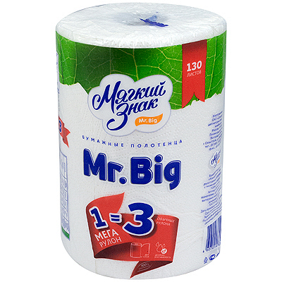 Купить полотенце бумажное 2-сл 1 рул/уп мега mr.big белый целлюлоза "мягкий знак" в Москве