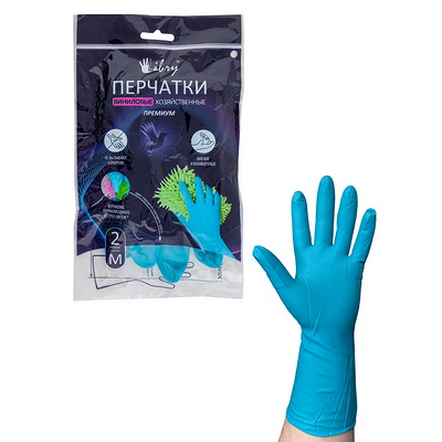 Купить перчатки хозяйственные 1 пара m с удлиненным манжетом голубой винил "libry" в Москве