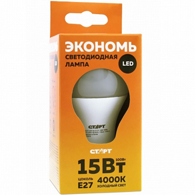 Купить лампа светодиодная e27 холодный свет 15w 220v eco груша старт 1/10 в Москве
