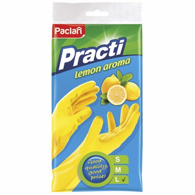 Купить перчатки хозяйственные l с ароматом лимона латекс желтые paclan 1/5/100 в Москве
