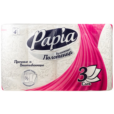 Купить полотенце бумажное 3-сл 11,25 м в рулоне 4 рул/уп ultra впитывающие с тиснением и перфорацией белый целлюлоза "papia" в Москве