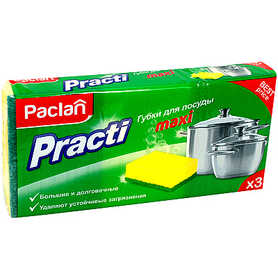 Купить губка для мытья посуды универсальная дхш 95х65 мм 3 шт/уп с зеленым абразивом maxi поролон paclan 1/40 в Москве