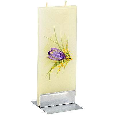 Купить свеча плоская 60х7х150 мм сиреневый цветок прямоугольная желтая на подставке "flatyz" 1/7/56 в Москве