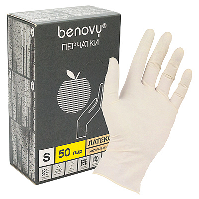 Купить перчатки одноразовые латексные s 100 шт/уп опудренные бежевые "benovy" 1/10 в Москве