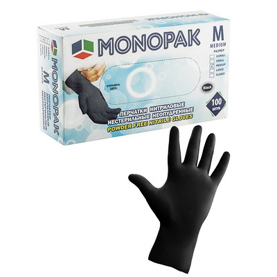 Купить перчатки одноразовые 100 шт/уп m неопудренные черные нитриловые "monopak" в Москве