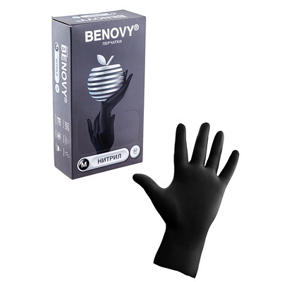 Купить перчатки одноразовые 100 шт m неопудренные черный нитрил "benovy", 100 шт./упак в Москве