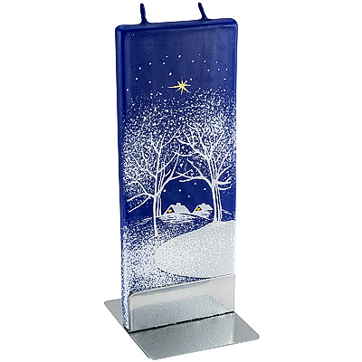 Купить свеча плоская 60х7х150 мм домики в снегу прямоугольная синяя на подставке "flatyz" 1/7/56, 1 шт. в Москве