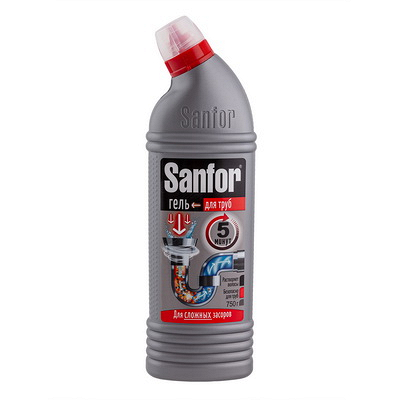 Средство для устранения и профилактики засоров 750 мл СЛОЖНЫЕ ЗАСОРЫ гель "SANFOR" Купить средство для устранения и профилактики засоров 750 мл сложные засоры гель "sanfor" в Москве