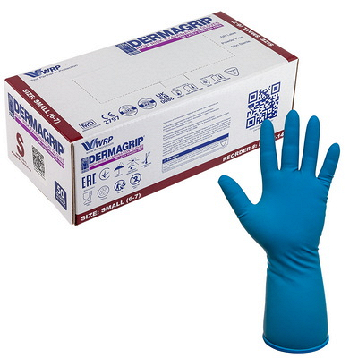 Купить перчатки одноразовые 50 шт dermagrip high risk s неопудренные синие латекс коробка "nn" в Москве