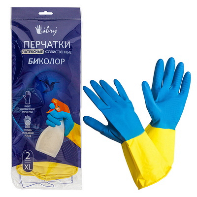 Купить перчатки хозяйственные 1 пара bi-color xl рельефная поверхность желто-синий латекс "libry" в Москве